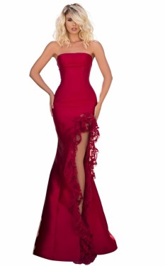  Tarik Ediz Red Mermaid with Lace Trimmed Slit