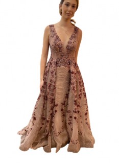  Mambo Couture Mauve Vneck Sheath With Floral Applique And Skirt Overlay